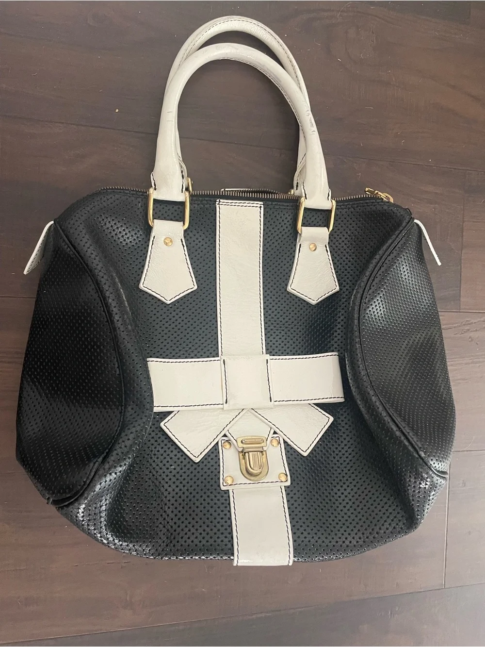 Vintage Y2K Regina Made in Italy Genuine Leather Black & White Handbag Satchel
